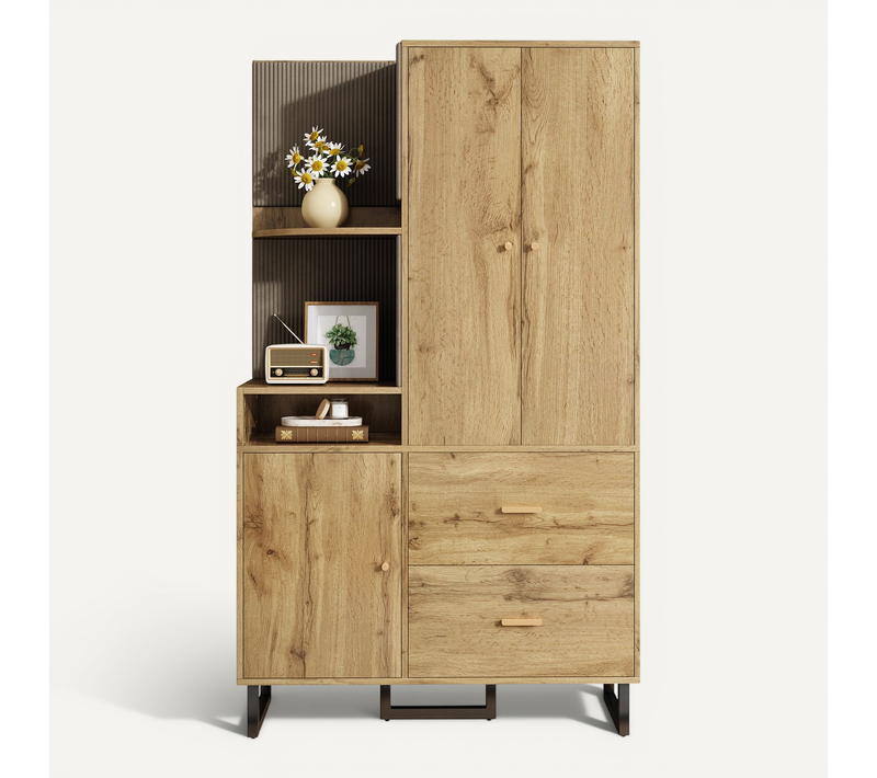Buffet Haut.186cm, Armoire Naturelle Avec 3 Portes, 2 Tiroirs, Penderie Et Étagères, Grand Rangement