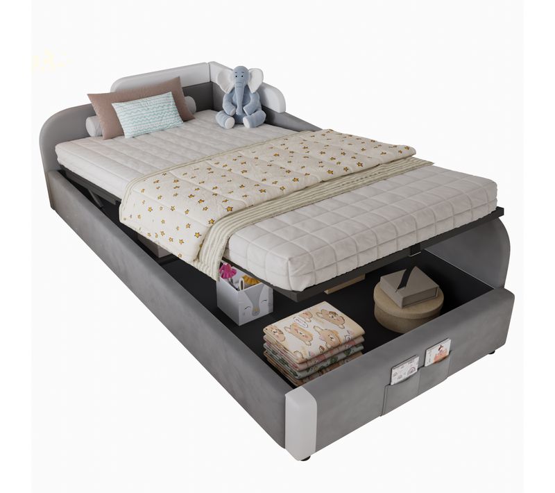 Lit Coffre Enfant 90x200 Cm Avec Poche De Rangement, Velours Gris, Panneau Latéral Droit