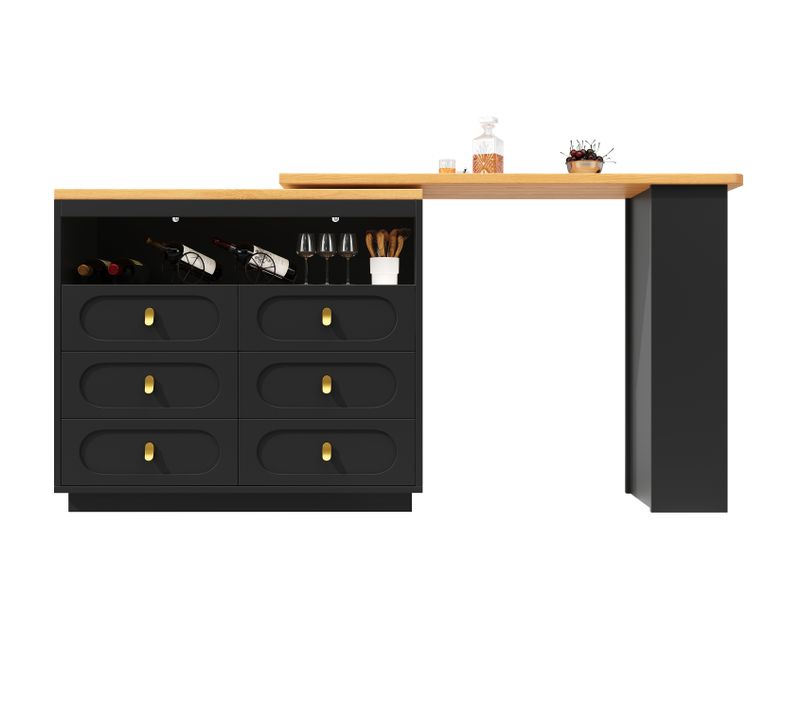 Table De Bar Noire, Meuble De Bar Pivotante 137-203cm Avec 6 Tiroirs, Étagère Latérale, Rangement