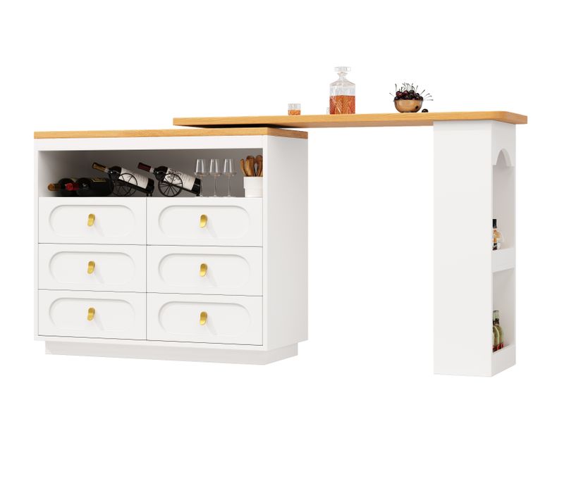 Meuble De Bar Blanc, Table De Bar Pivotante 360° Avec 6 Tiroirs, Étagère, Rangements Ouverts