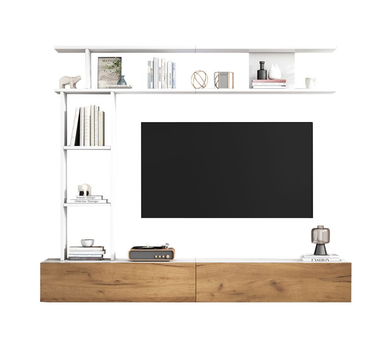Meuble TV Blanc Et Bois Avec Rangement Mural, 180 Cm, Meuble Télé Avec Étagères Ouvertes Et 2 Portes