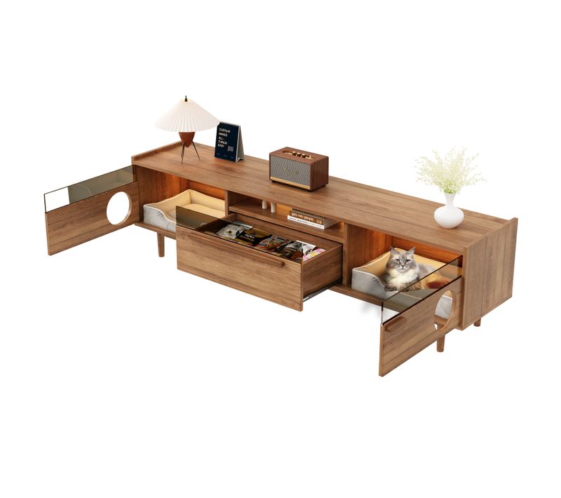 Meuble TV Bois Vintage Pour Chats Avec LED, 2 Portes Avec Ouvertures Pour Animaux