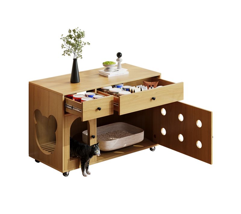 Buffet Bois Pour Chat, Meuble Cache-litière Mobile Sur Roulettes Avec 2 Tiroirs, Anti-sable Amovible