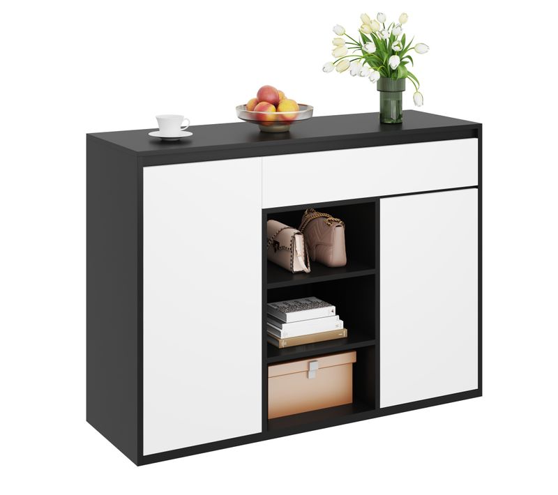 Meuble à Chaussures, Armoire Noire Et Blanche Avec LED, Étagères En Verre Et Tiroirs