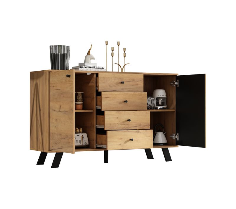 Buffet Finition Bois Et Noir, 2 Armoires, 4 Tiroirs, Rangement Salon