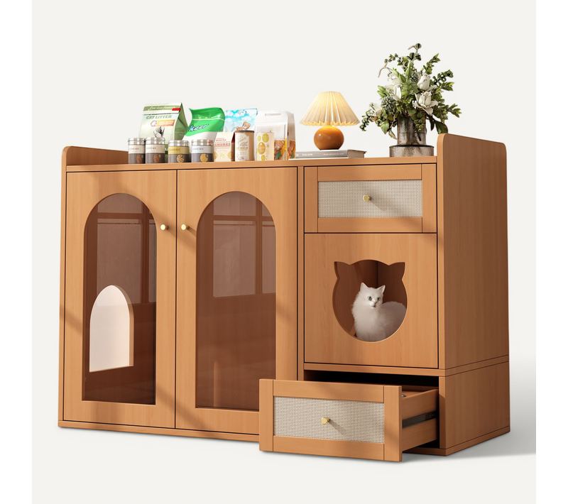 Buffet Pour Chat Avec 2 Portes Vitrées Et 2 Tirois – Zone Litière, Coin Repos, Rangement Et Gamelles