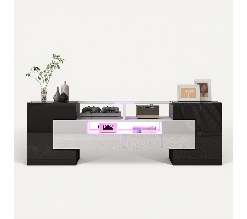 Meuble TV 145x30x51cm, 6 Portes, 2 Tiroirs, LED, Plateau En Verre, Mdf, Noir + Blanc