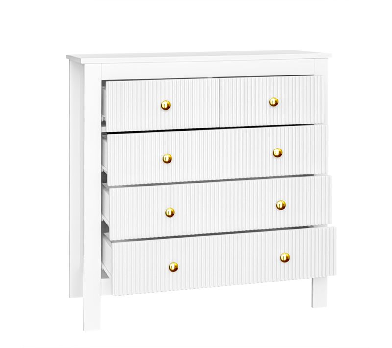 Commode 79x39,5x80,5cm, 5 Tiroirs, Poignées Dorées, Moderne, Aggloméré, Blanc+doré