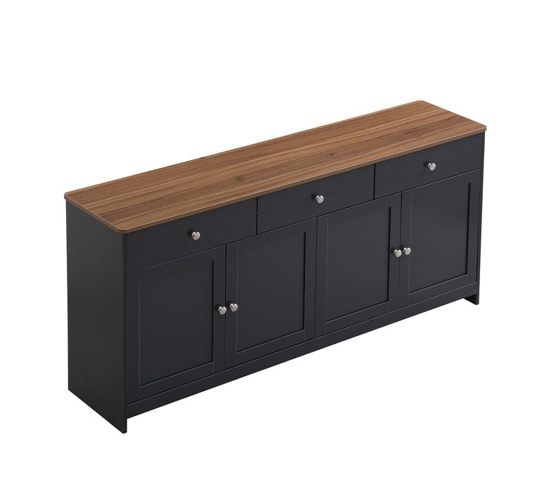 Îlot Central 160x37x76cm, 3 Tiroirs, 4 Portes, Motif Bois, Étagères Réglables, Mdf, Noir / Gris