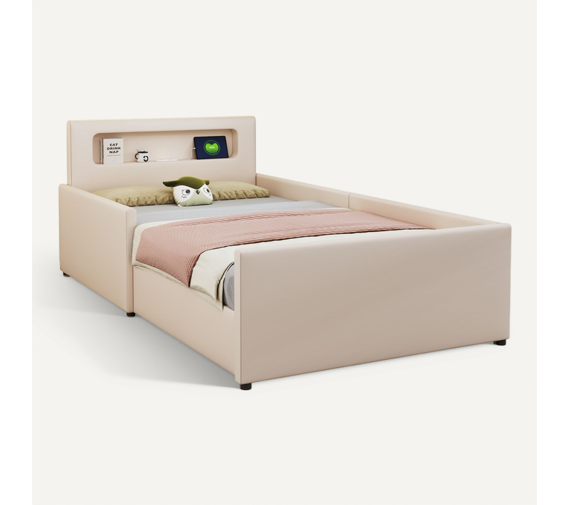 Lit Enfant 90x200cm, Lit Simple, Tiroir, LED, Port USB, Tête De Lit, Sommiers, Mdf Et Métal, Beige