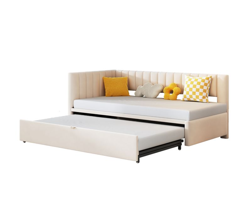 Lit Gigogne 90/180x200cm, Canapé Et Lit 2 En 1, Forme En L, Tête De Lit Doux, Velours, Mdf, Beige