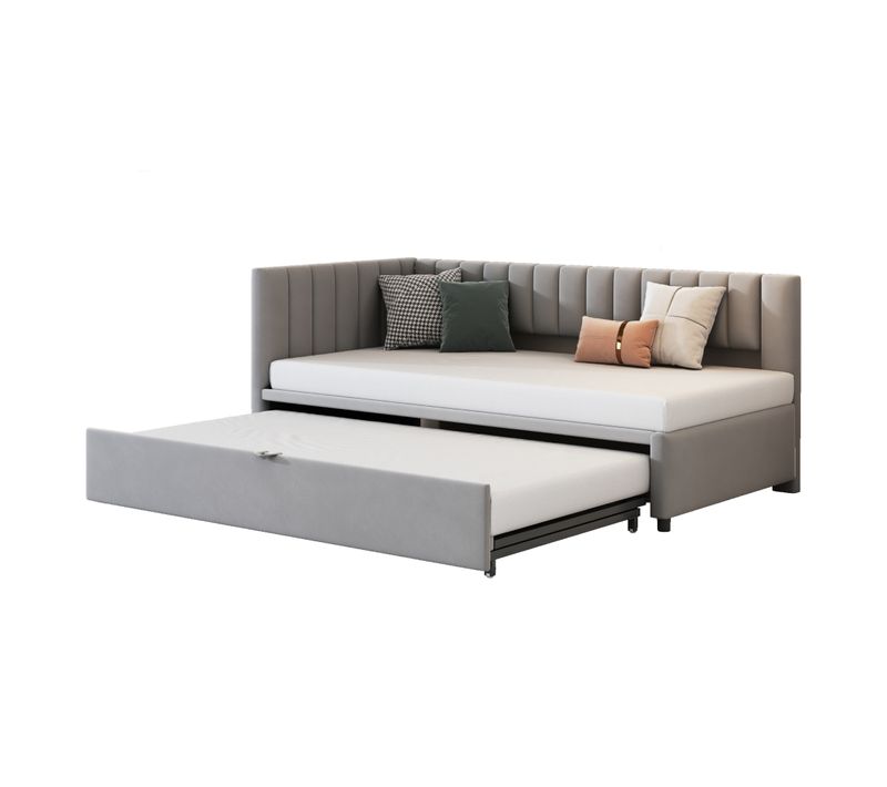 Lit Gigogne 90/180x200cm, Canapé Et Lit 2 En 1, Forme En L, Tête De Lit, Velours, Mdf, Gris Clair