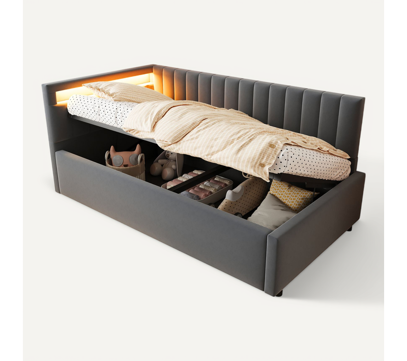 Lit Coffre 90x200cm, Lit Simple, LED, Tête De Lit, Dossier, Sommier à Latte, Mdf, Velours Gris Foncé
