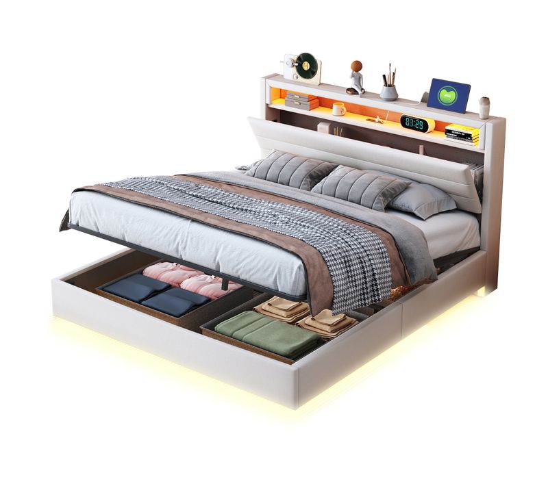 Lit Coffre Lit Double 140x200 Cm, Tête De Lit Avec Rangement, LED, Ports USB, Lin Beige
