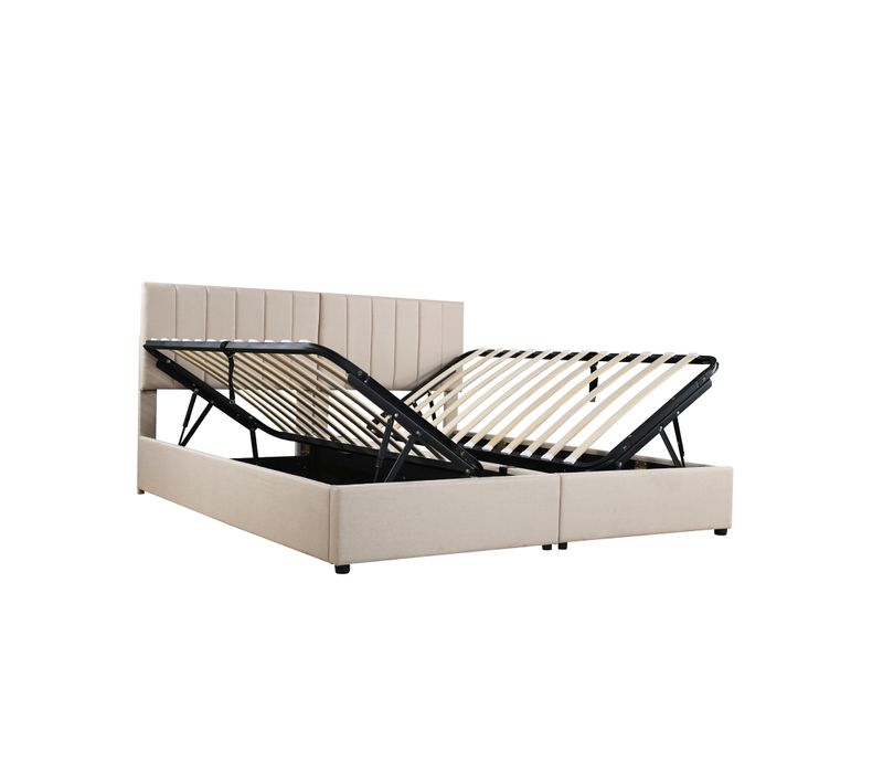 Lit Coffre Lit Double 180x200 Cm Convertible En Deux Lits Simples, Avec Rangement, Lin Beige