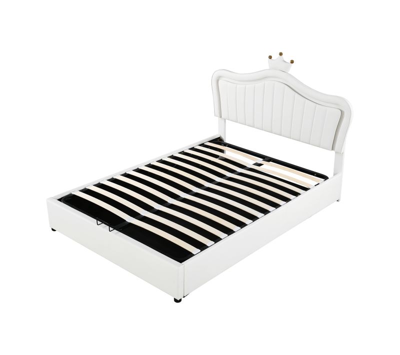 Lit Coffre Lit Double 140x200 Cm Avec Éclairage LED, Tête De Lit En Forme De Couronne, Pu Blanc