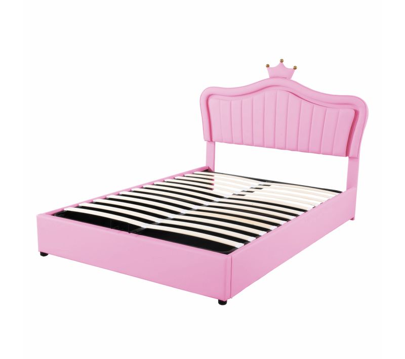 Lit Coffre Lit Double 140x200 Cm Avec Éclairage LED, Tête De Lit En Forme De Couronne, Pu Rose