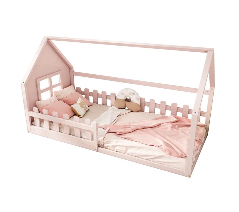 Lit Cabane Enfant 90x200 Cm, Lit Simple Avec Garde-corps, Sommier, Forme De Maison, Pin Rose