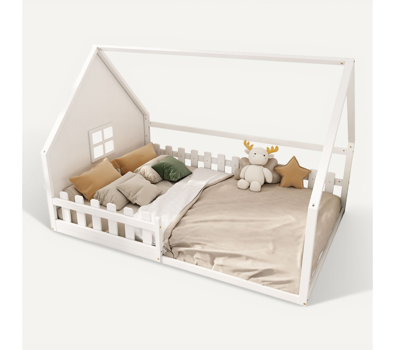 Lit Cabane Enfant 140x200 Cm, Lit Double Avec Garde-corps, Sommier, Forme De Maison, Pin Blanc