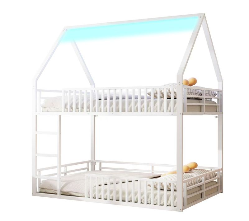 Lit Superposé Enfant 140x200 Cm, Lit Cabane Avec LED, Garde-corps, Un Seul Sommier, Métal Blanc