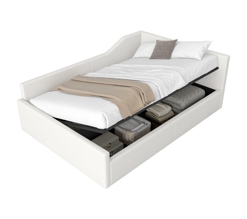 Lit Coffre Enfant 140x200 Cm, Canapé-lit, Lit Double Avec Espace De Rangement Et Sommier, Lin Beige