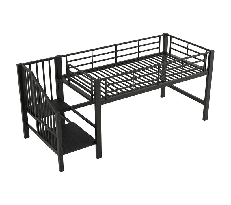 Lit Mezzanine 90x200 Cm Lit Simple, Lit Enfant Avec Escalier De Rangement, Métal, Noir