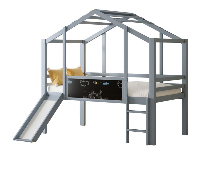 Lit Cabane Enfant 90x200cm Mi-haut, Toboggan, Tableau Noir, Échelle Sécurisée, Barrières, Bois Gris