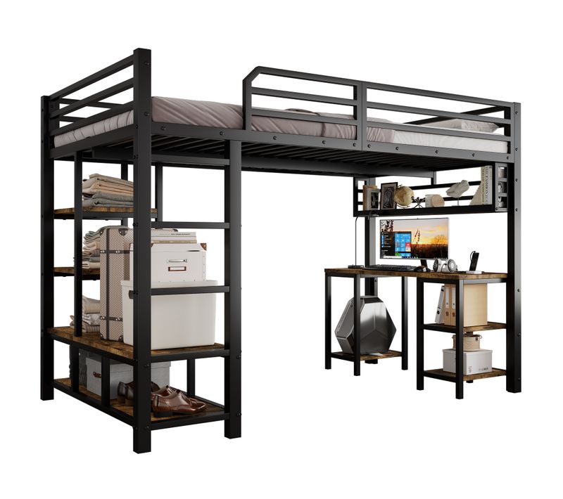 Lit Mezzanine 120x200 Cm En Métal Noir Avec Bureau Intégré, Étagères Et Échelle 4 Marches