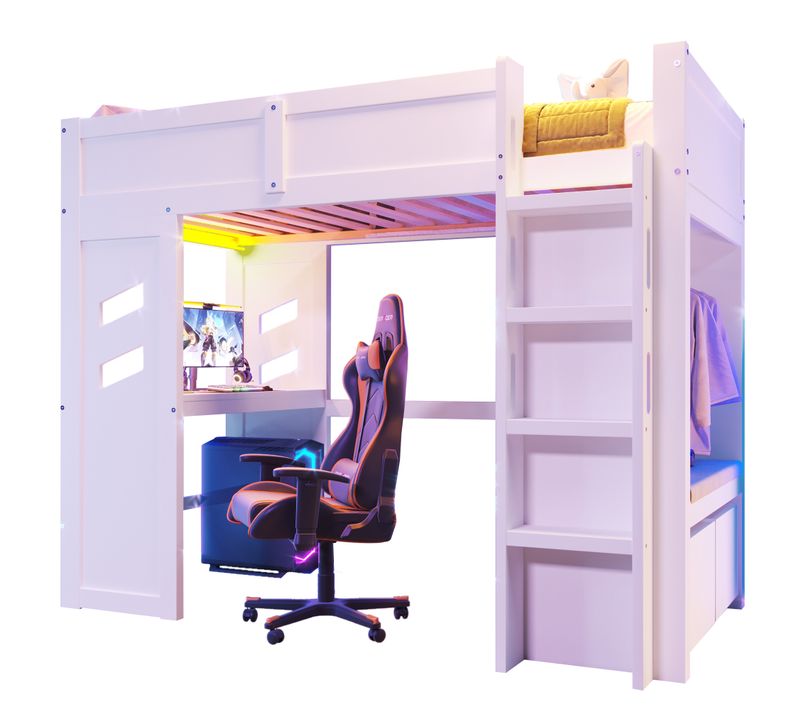 Lit Mezzanine Blanc 90x200 Cm Avec Bureau, LED, 2 Tiroirs De Rangements, Penderie, Bois De Pin