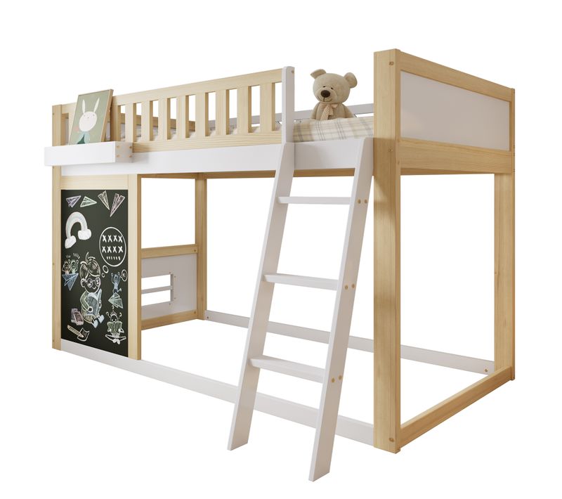 Lit Mezzanine Enfant 90x200 Cm En Bois Avec Tableau Et Rangement Pratique, Espace Modulable, Blanc