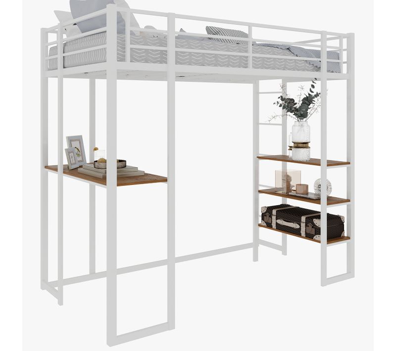 Lit Mezzanine 90x190 Cm Avec Bureau Intégré Et Étagères De Rangement, En Métal Blanc