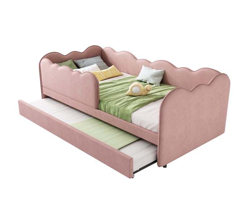 Lit Enfant 90x190 Cm Avec Lit Gigogne, Garde-corps Et Sommier à Lattes, Cadre Métal, Velours Rose