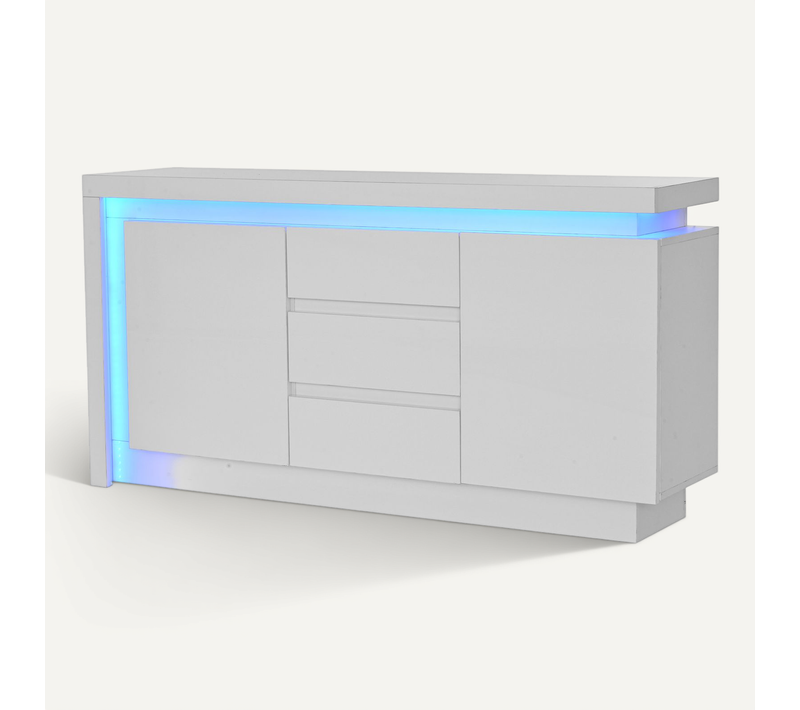 Buffet Moderne 140x35x72 Cm Avec 3 Tiroirs, Alimenté Par USB, LED, Panneaux De Particules Blanc