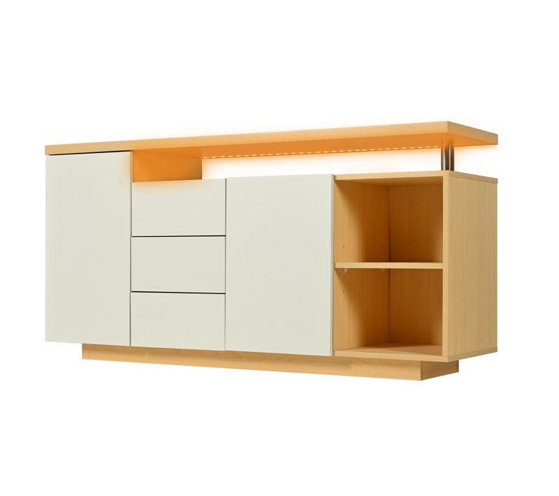 Buffet Moderne 140x40x70 Cm, 3 Tiroirs, LED, Motif Bois, Panneaux De Particules, Blanc Et Naturel