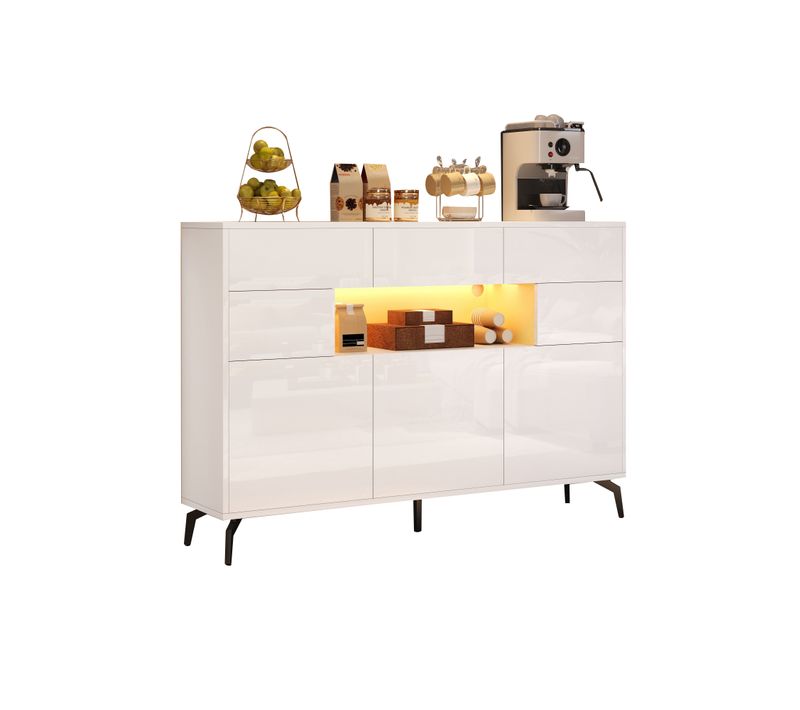Buffet Moderne De Salon 140x30x94 Cm, LED, 3 Tiroirs Et 5 Compartiments, Mdf Et Métal, Blanc