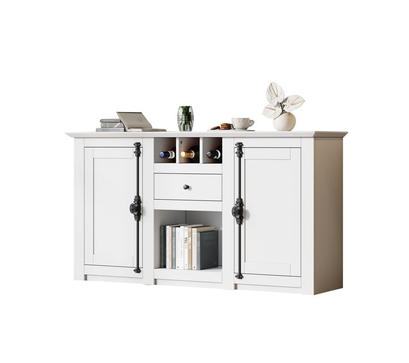 Buffet 130x35x70 Cm, 2 Portes Et 1 Tiroir, 3 Casiers à Vin, Mdf Et Panneaux De Particules, Blanc