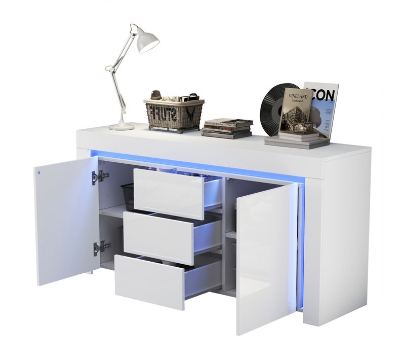 Buffet De Salon 140x40x65 Cm, Style Moderne, 3 Tiroirs, 2 Portes, LED, Rangement, Mdf Blanc