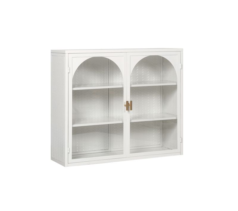Armoire Murale 70x23x60cm, Moderne, 2 Portes En Verre, Motif Tressé , Étagère, Métal, Blanc