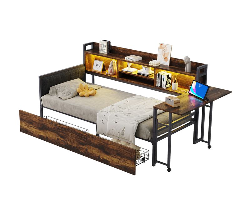 Lit Enfant 90x200 Cm Avec LED, Tiroir, Bureau Pliant Et Prise, Rangement Pratique