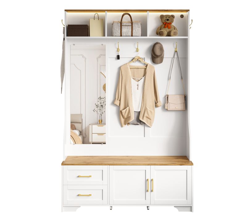 Vestiaire D’entrée LED Avec Miroir, Crochets, Banc, 2 Tiroirs Et 2 Portes, Grand Rangement, Blanc