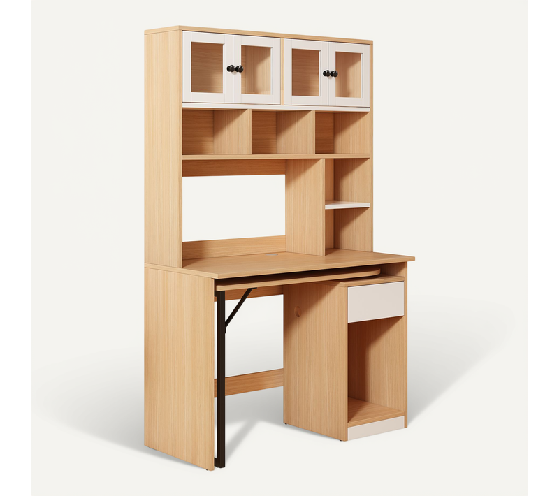 Bureau D'angle 110*55*180cm, 4 Portes, Tiroir, 6 Niche, Plateau Pivotant, Mdf, Couleur Bois Et Blanc