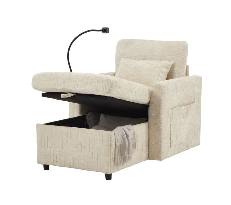 Fauteuil 125x84.5x87cm, Poches Latérales, Support Pour Téléphone, Dossier Régalable, Chenille, Beige