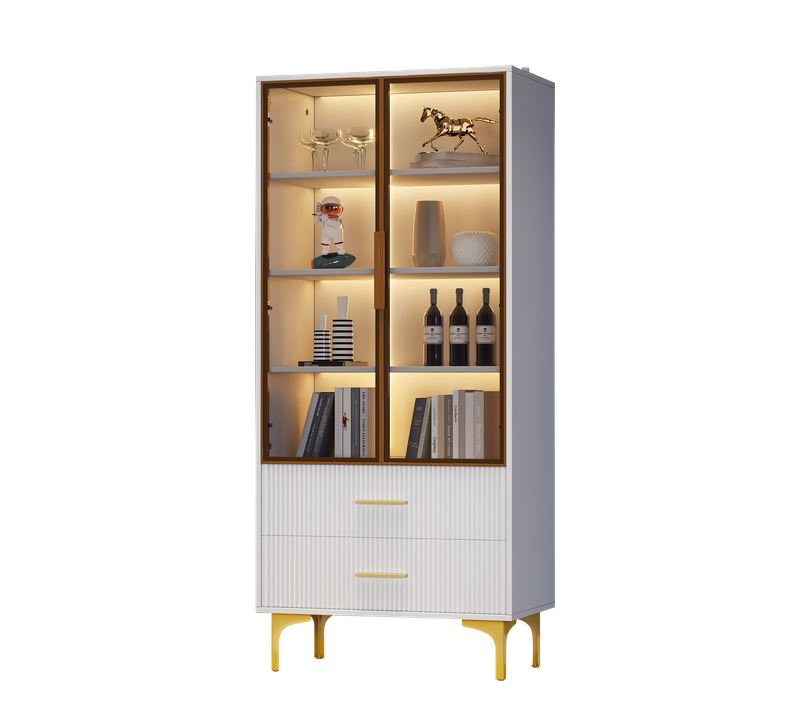 Vitrine 70x35x150cm, LED Multicolore, 3 Étagères, 2 Tiroirs, 2 Portes En Verre, Pb, Blanc Et Doré.