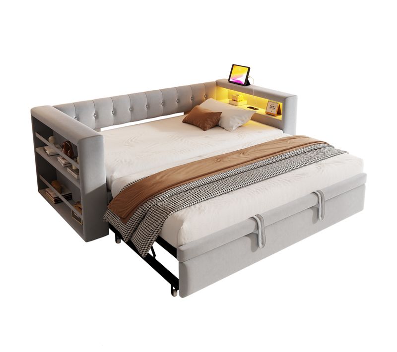 Lit Gigogne Enfant 90/180×190 Cm, LED, Prise, Espace De Rangement, Sommiers, Flanelle Gris Clair