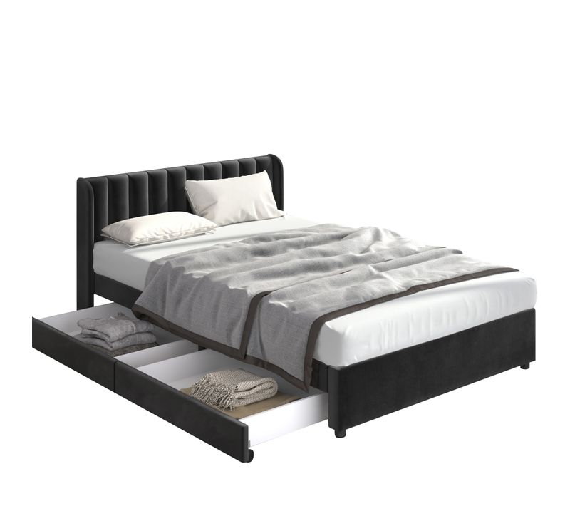 Lit Adulte 180×200 Cm, Lit Double Avec 2 Tiroirs, Tête De Lit Et Sommier, Velours Noir