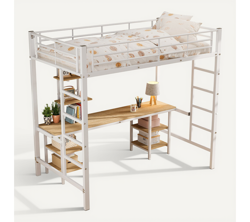 Lit Mezzanine Enfant 90×200 Cm Avec Table, Étagères, Échelle, Barrière, Sommier, Mdf+métal, Blanc