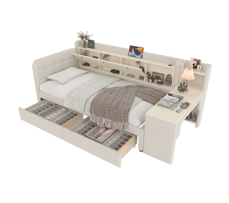 Lit Enfant 90x200 Cm, Canapé-lit Avec 2 Tiroirs, Étagères, Bureau, USB Type-c, Sommier, Lin Beige
