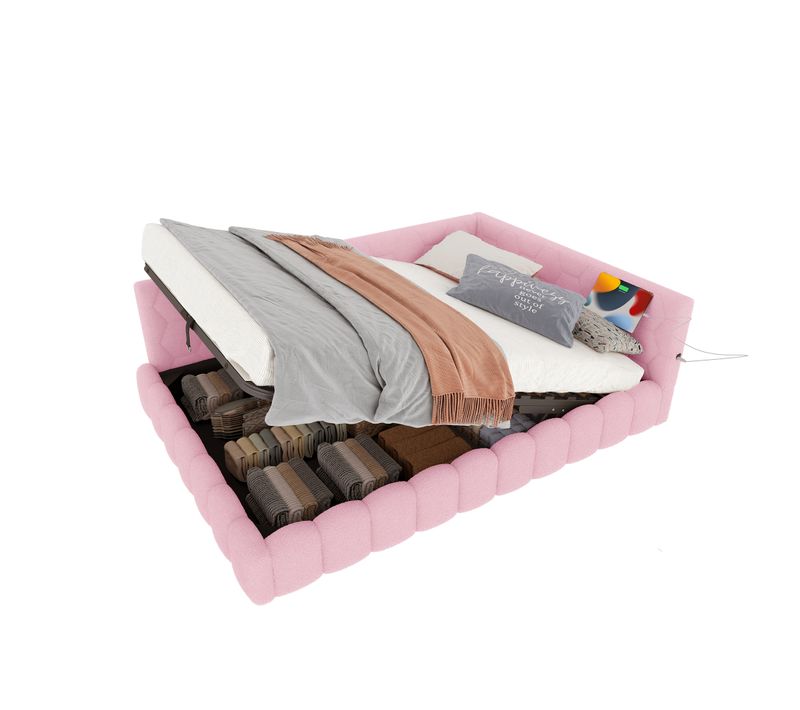 Lit Coffre Enfant 140x200 Cm, Canapé-lit Avec LED, USB Type-c, Sommier, Imitation Polaire Rose