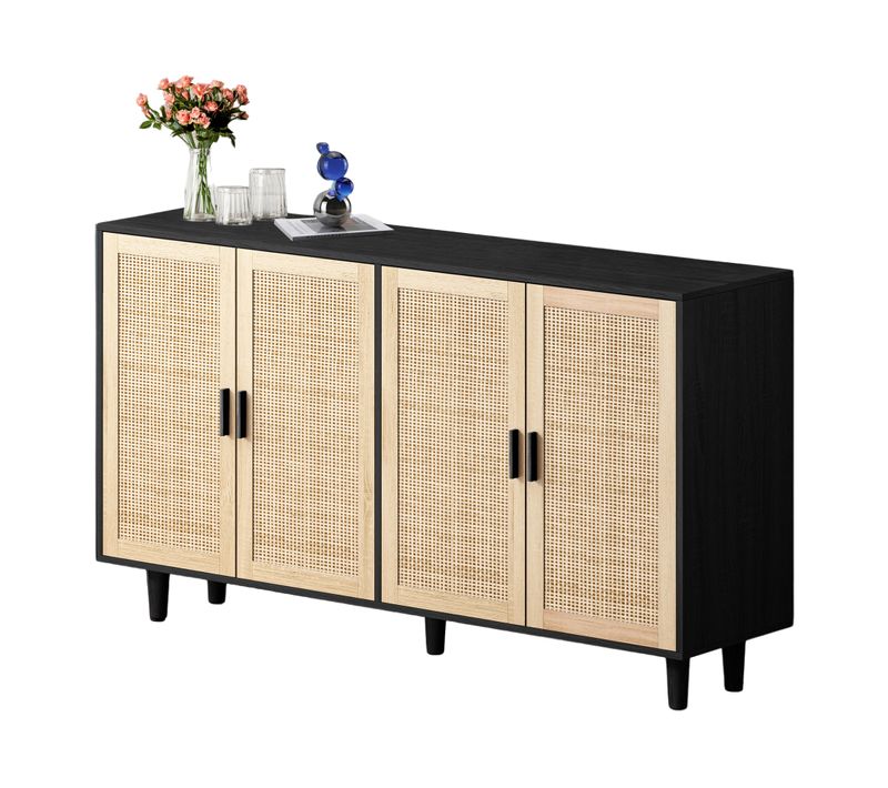 Buffet 158x40x88 Cm Avec 4 Portes, Meuble De Rangement En Rotin PE, Aggloméré, Couleur bois+Noir