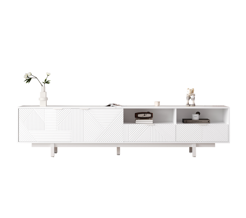 Meuble TV 200x40x51cm, Bas à Poser Avec 2 Tiroirs, 2 Rangements Ouverts, 2 Portes, Aggloméré, Blanc